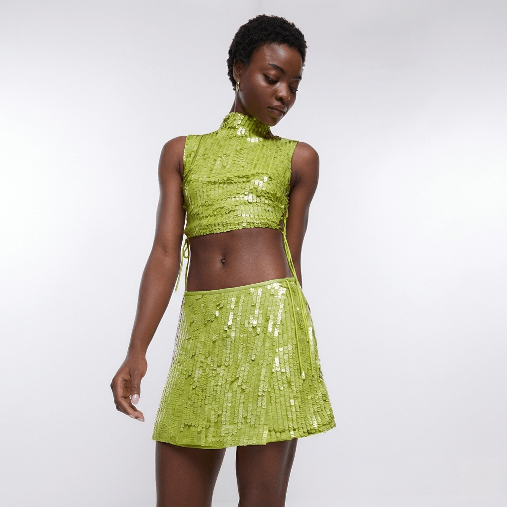 Green Sequin Wrap Mini Skirt